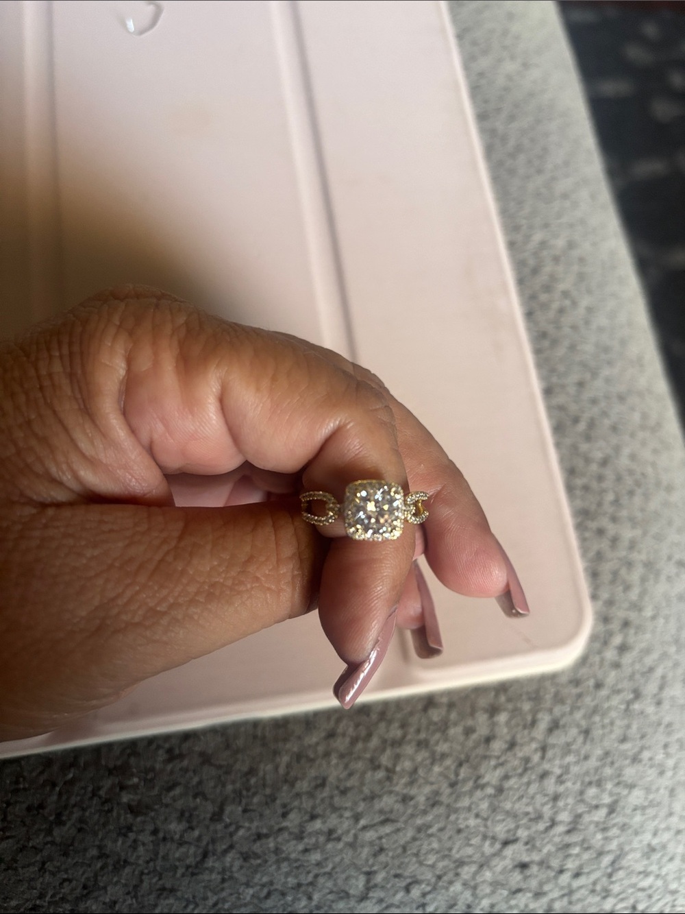 Gold Cushion Halo Ring with Twisted Band - Clear Center Stone